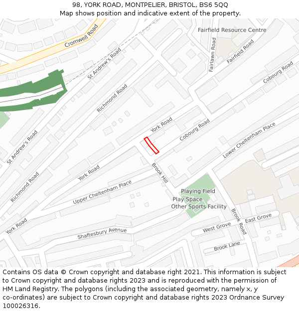98, YORK ROAD, MONTPELIER, BRISTOL, BS6 5QQ: Location map and indicative extent of plot