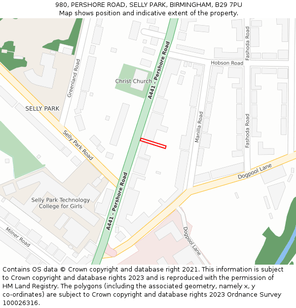 980, PERSHORE ROAD, SELLY PARK, BIRMINGHAM, B29 7PU: Location map and indicative extent of plot
