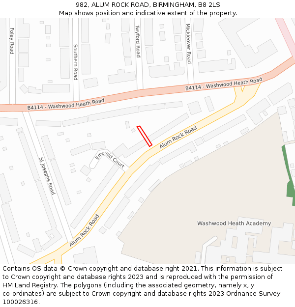 982, ALUM ROCK ROAD, BIRMINGHAM, B8 2LS: Location map and indicative extent of plot