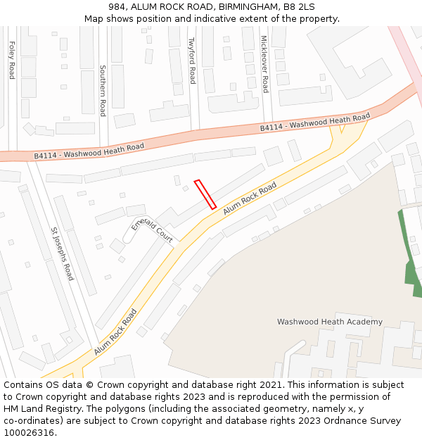 984, ALUM ROCK ROAD, BIRMINGHAM, B8 2LS: Location map and indicative extent of plot