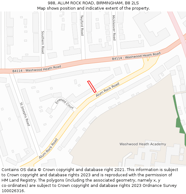 988, ALUM ROCK ROAD, BIRMINGHAM, B8 2LS: Location map and indicative extent of plot