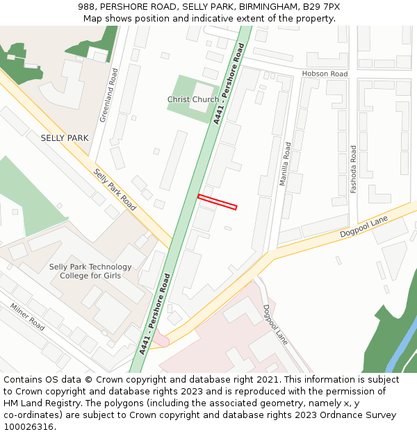 988, PERSHORE ROAD, SELLY PARK, BIRMINGHAM, B29 7PX: Location map and indicative extent of plot