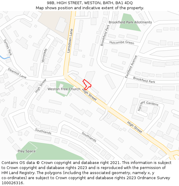 98B, HIGH STREET, WESTON, BATH, BA1 4DQ: Location map and indicative extent of plot