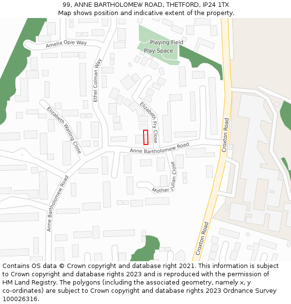 99, ANNE BARTHOLOMEW ROAD, THETFORD, IP24 1TX: Location map and indicative extent of plot