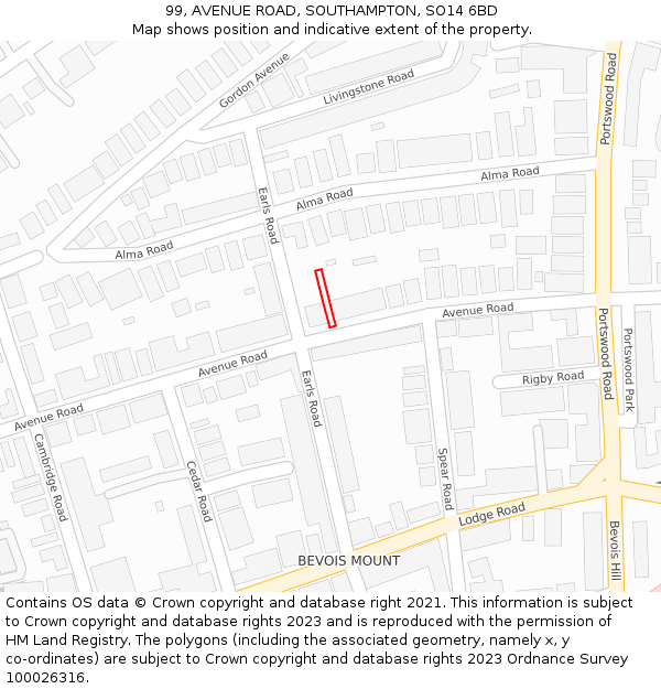 99, AVENUE ROAD, SOUTHAMPTON, SO14 6BD: Location map and indicative extent of plot