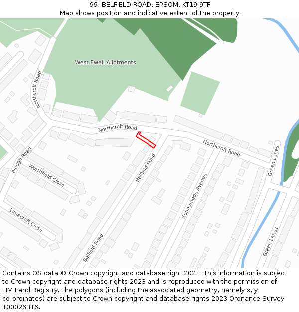 99, BELFIELD ROAD, EPSOM, KT19 9TF: Location map and indicative extent of plot
