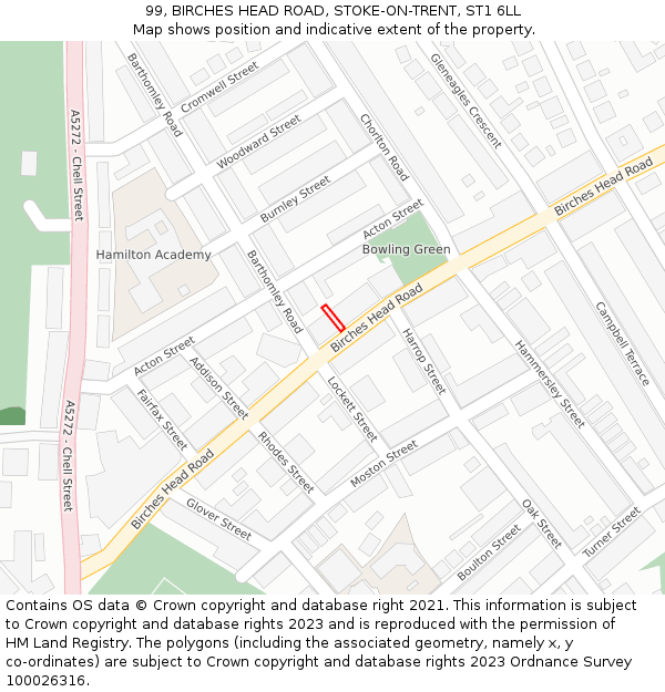 99, BIRCHES HEAD ROAD, STOKE-ON-TRENT, ST1 6LL: Location map and indicative extent of plot