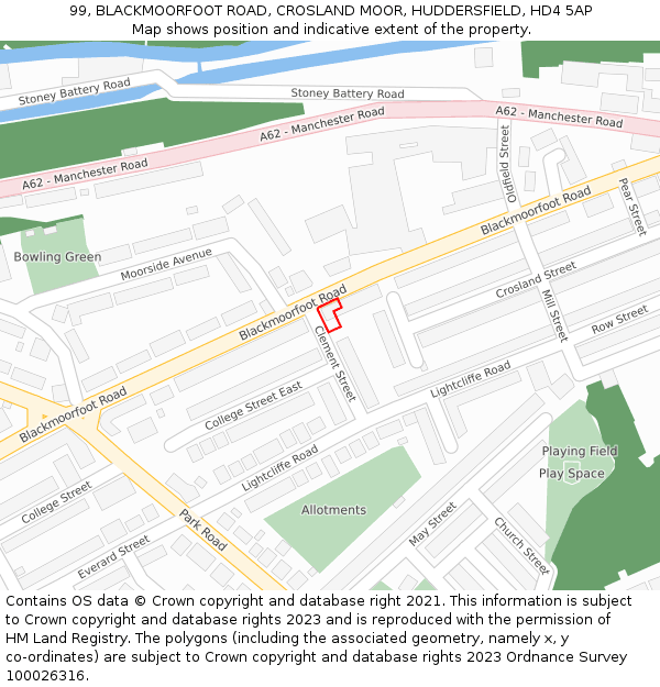99, BLACKMOORFOOT ROAD, CROSLAND MOOR, HUDDERSFIELD, HD4 5AP: Location map and indicative extent of plot