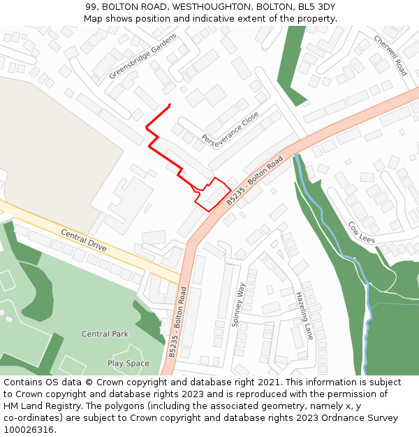 99, BOLTON ROAD, WESTHOUGHTON, BOLTON, BL5 3DY: Location map and indicative extent of plot