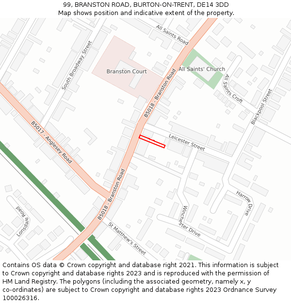 99, BRANSTON ROAD, BURTON-ON-TRENT, DE14 3DD: Location map and indicative extent of plot