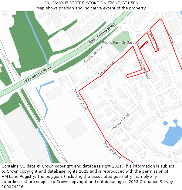 99, CAVOUR STREET, STOKE-ON-TRENT, ST1 5PN: Location map and indicative extent of plot
