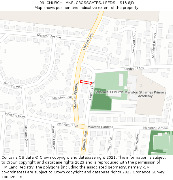99, CHURCH LANE, CROSSGATES, LEEDS, LS15 8JD: Location map and indicative extent of plot