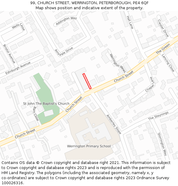 99, CHURCH STREET, WERRINGTON, PETERBOROUGH, PE4 6QF: Location map and indicative extent of plot