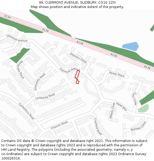 99, CLERMONT AVENUE, SUDBURY, CO10 1ZN: Location map and indicative extent of plot