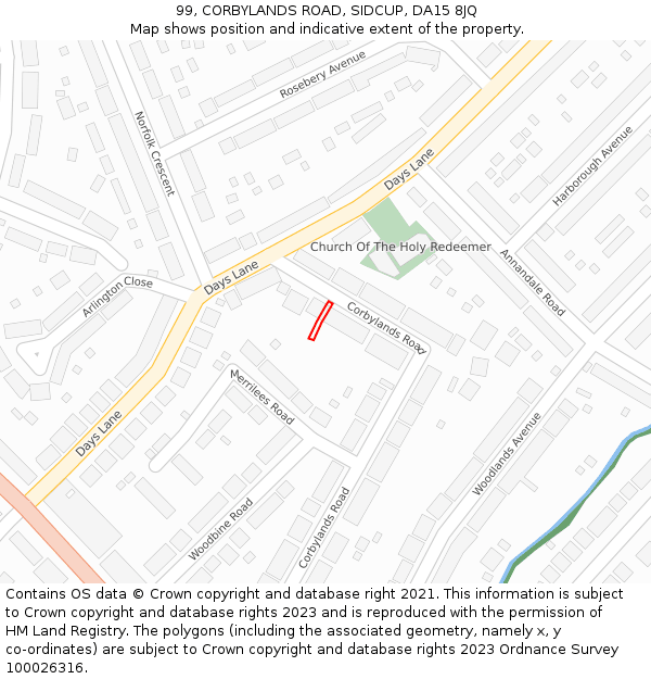 99, CORBYLANDS ROAD, SIDCUP, DA15 8JQ: Location map and indicative extent of plot
