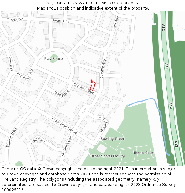 99, CORNELIUS VALE, CHELMSFORD, CM2 6GY: Location map and indicative extent of plot