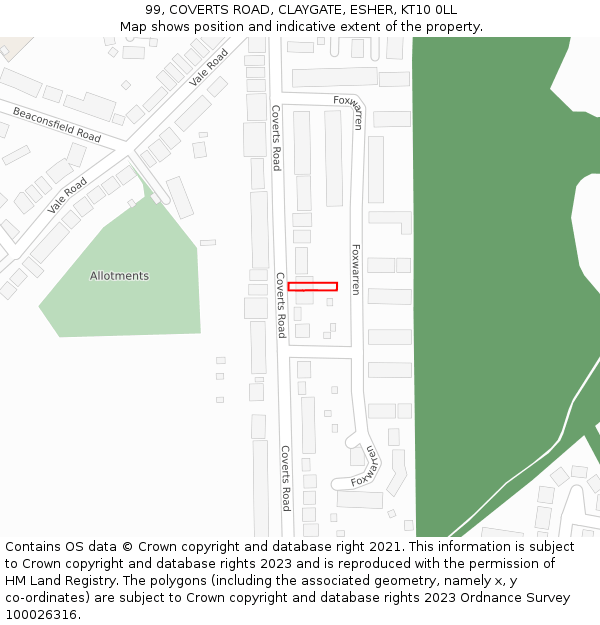 99, COVERTS ROAD, CLAYGATE, ESHER, KT10 0LL: Location map and indicative extent of plot