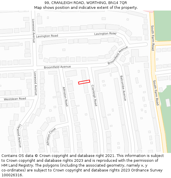 99, CRANLEIGH ROAD, WORTHING, BN14 7QR: Location map and indicative extent of plot