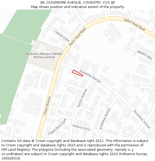 99, DUNSMORE AVENUE, COVENTRY, CV3 3JF: Location map and indicative extent of plot