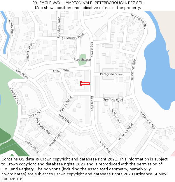 99, EAGLE WAY, HAMPTON VALE, PETERBOROUGH, PE7 8EL: Location map and indicative extent of plot