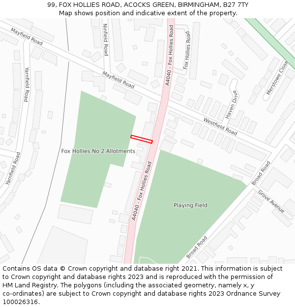 99, FOX HOLLIES ROAD, ACOCKS GREEN, BIRMINGHAM, B27 7TY: Location map and indicative extent of plot