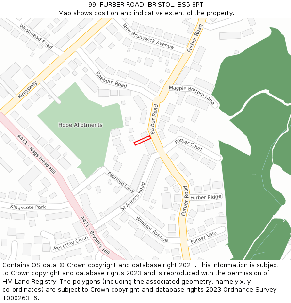 99, FURBER ROAD, BRISTOL, BS5 8PT: Location map and indicative extent of plot