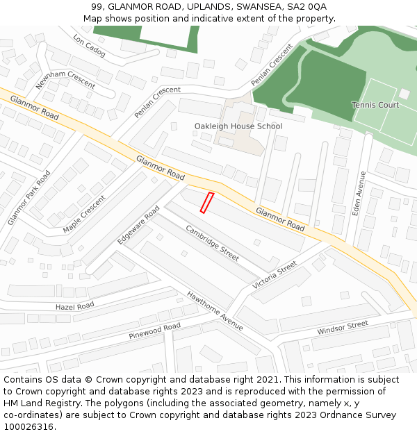 99, GLANMOR ROAD, UPLANDS, SWANSEA, SA2 0QA: Location map and indicative extent of plot