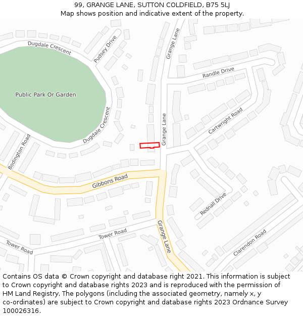 99, GRANGE LANE, SUTTON COLDFIELD, B75 5LJ: Location map and indicative extent of plot