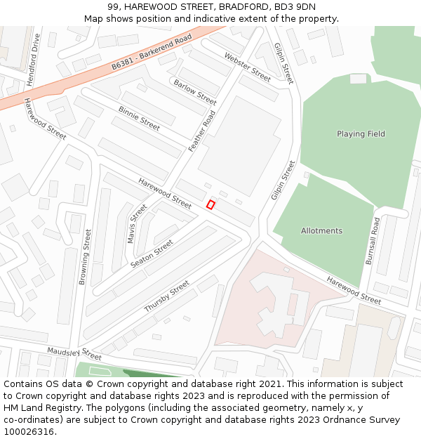 99, HAREWOOD STREET, BRADFORD, BD3 9DN: Location map and indicative extent of plot