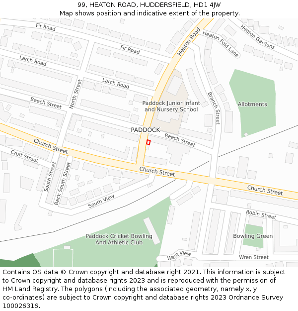 99, HEATON ROAD, HUDDERSFIELD, HD1 4JW: Location map and indicative extent of plot