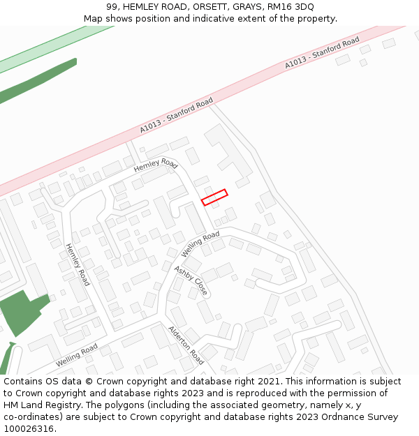 99, HEMLEY ROAD, ORSETT, GRAYS, RM16 3DQ: Location map and indicative extent of plot