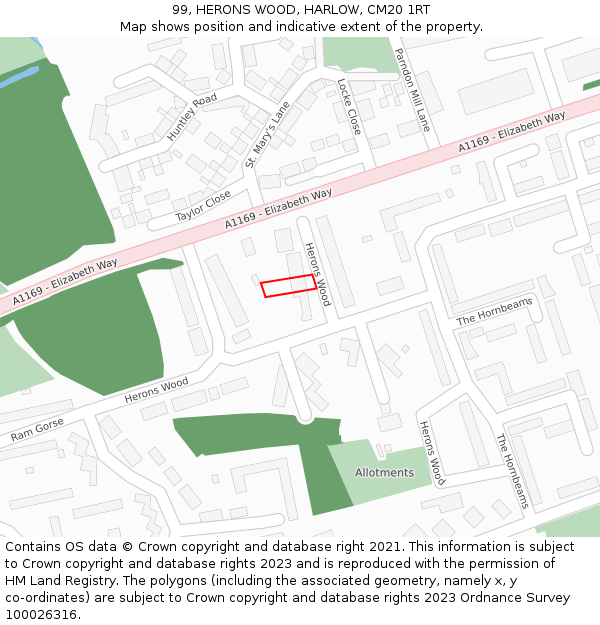 99, HERONS WOOD, HARLOW, CM20 1RT: Location map and indicative extent of plot