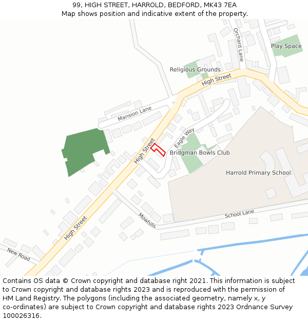 99, HIGH STREET, HARROLD, BEDFORD, MK43 7EA: Location map and indicative extent of plot