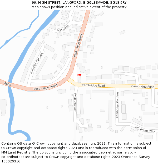 99, HIGH STREET, LANGFORD, BIGGLESWADE, SG18 9RY: Location map and indicative extent of plot