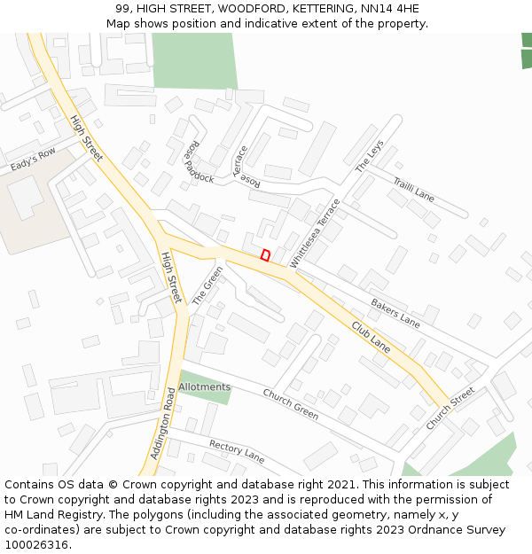 99, HIGH STREET, WOODFORD, KETTERING, NN14 4HE: Location map and indicative extent of plot