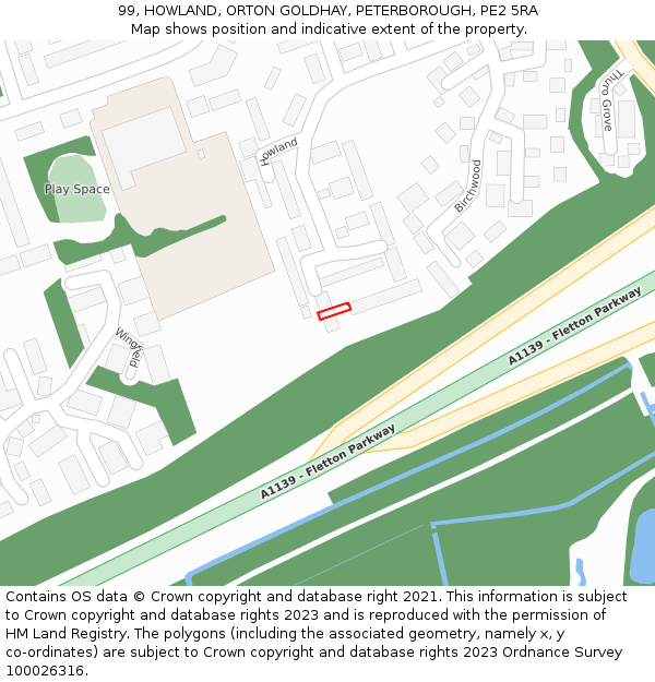 99, HOWLAND, ORTON GOLDHAY, PETERBOROUGH, PE2 5RA: Location map and indicative extent of plot