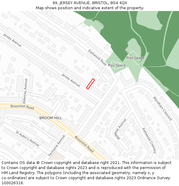 99, JERSEY AVENUE, BRISTOL, BS4 4QX: Location map and indicative extent of plot