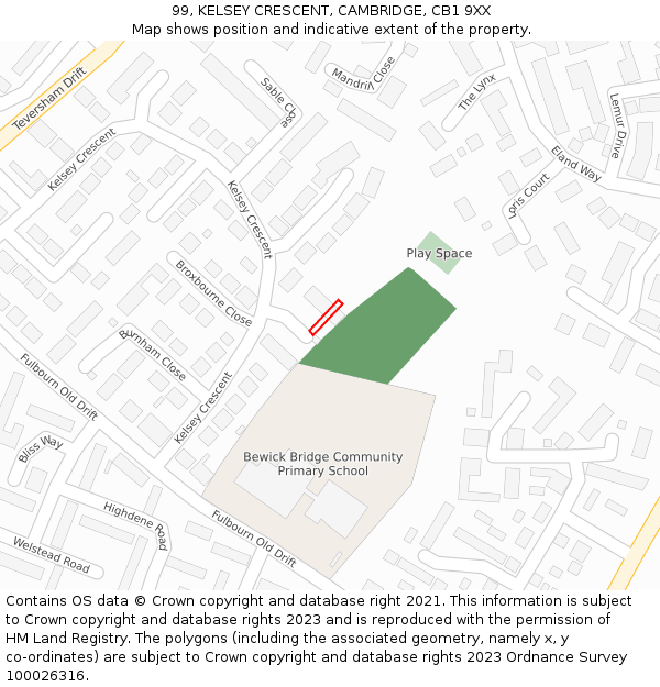 99, KELSEY CRESCENT, CAMBRIDGE, CB1 9XX: Location map and indicative extent of plot
