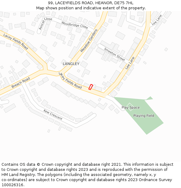 99, LACEYFIELDS ROAD, HEANOR, DE75 7HL: Location map and indicative extent of plot