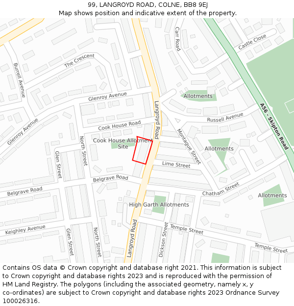 99, LANGROYD ROAD, COLNE, BB8 9EJ: Location map and indicative extent of plot