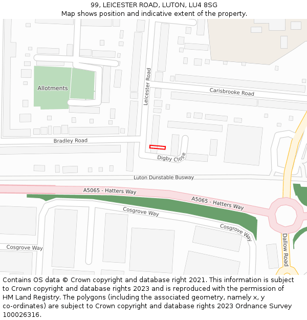 99, LEICESTER ROAD, LUTON, LU4 8SG: Location map and indicative extent of plot