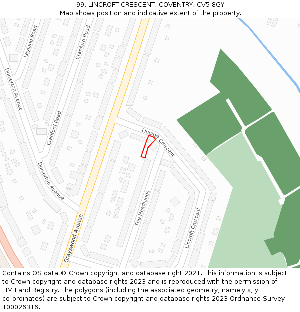 99, LINCROFT CRESCENT, COVENTRY, CV5 8GY: Location map and indicative extent of plot