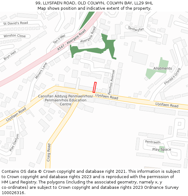 99, LLYSFAEN ROAD, OLD COLWYN, COLWYN BAY, LL29 9HL: Location map and indicative extent of plot