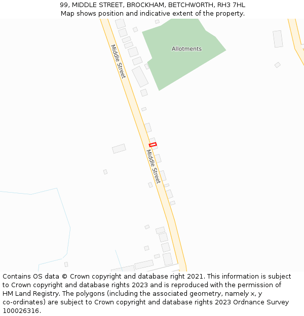 99, MIDDLE STREET, BROCKHAM, BETCHWORTH, RH3 7HL: Location map and indicative extent of plot
