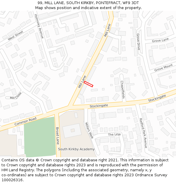 99, MILL LANE, SOUTH KIRKBY, PONTEFRACT, WF9 3DT: Location map and indicative extent of plot