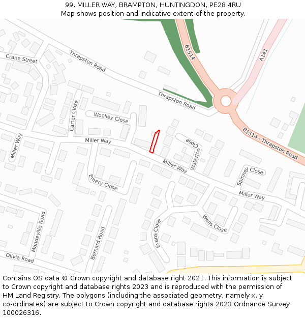 99, MILLER WAY, BRAMPTON, HUNTINGDON, PE28 4RU: Location map and indicative extent of plot