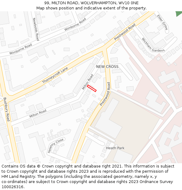 99, MILTON ROAD, WOLVERHAMPTON, WV10 0NE: Location map and indicative extent of plot