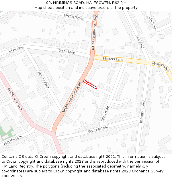 99, NIMMINGS ROAD, HALESOWEN, B62 9JH: Location map and indicative extent of plot