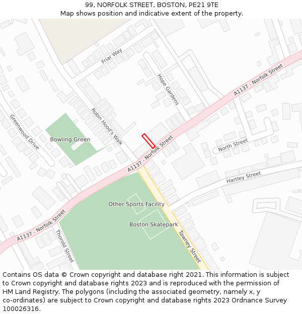 99, NORFOLK STREET, BOSTON, PE21 9TE: Location map and indicative extent of plot