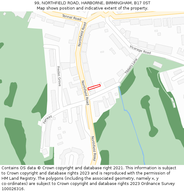 99, NORTHFIELD ROAD, HARBORNE, BIRMINGHAM, B17 0ST: Location map and indicative extent of plot